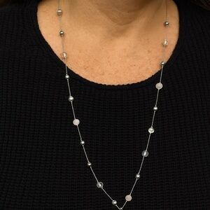 Vintage Bead Statement Necklace Silvertone chain 40” pink white gray beads